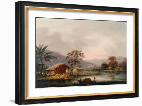 Figures Guiding a Sampan Round a Bend in a River, Past a Village-George Chinnery-Framed Giclee Print