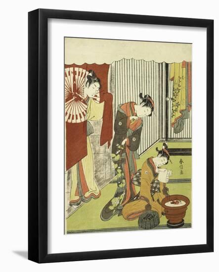 Figures in an Interior. a Courtesan Looking at Her Shinzo Who is Reading a Love Letter-Okada Beisanjin-Framed Giclee Print