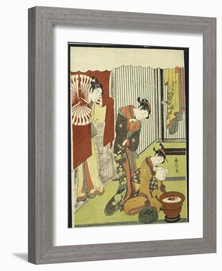 Figures in an Interior, a Courtesan Looking at Her Shinzo Who Is Reading a Love Letter-Suzuki Harunobu-Framed Giclee Print