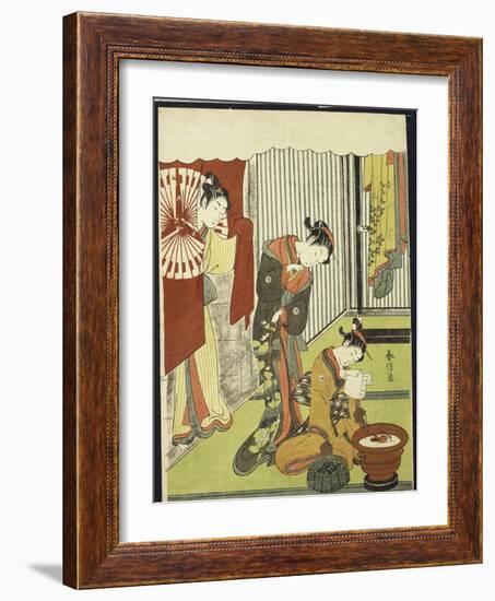 Figures in an Interior, a Courtesan Looking at Her Shinzo Who Is Reading a Love Letter-Suzuki Harunobu-Framed Giclee Print