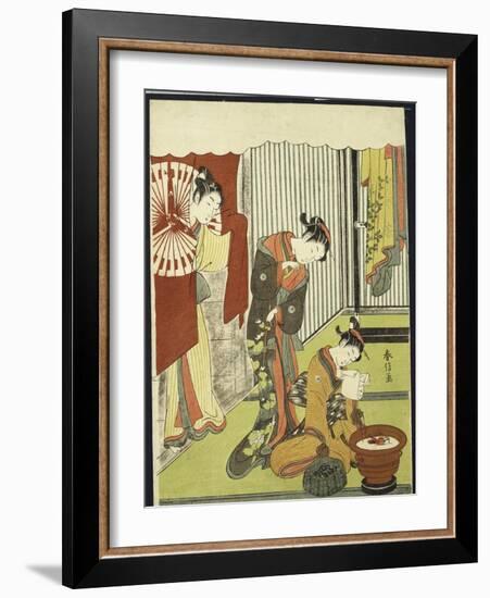 Figures in an Interior, a Courtesan Looking at Her Shinzo Who Is Reading a Love Letter-Suzuki Harunobu-Framed Giclee Print