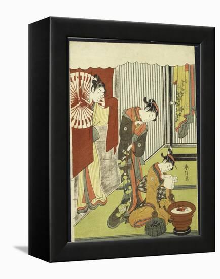 Figures in an Interior, a Courtesan Looking at Her Shinzo Who Is Reading a Love Letter-Suzuki Harunobu-Framed Premier Image Canvas