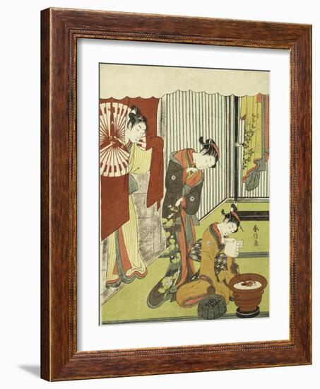 Figures in an Interior. a Courtesan Looking at Her Shinzo Who is Reading a Love Letter-Okada Beisanjin-Framed Giclee Print