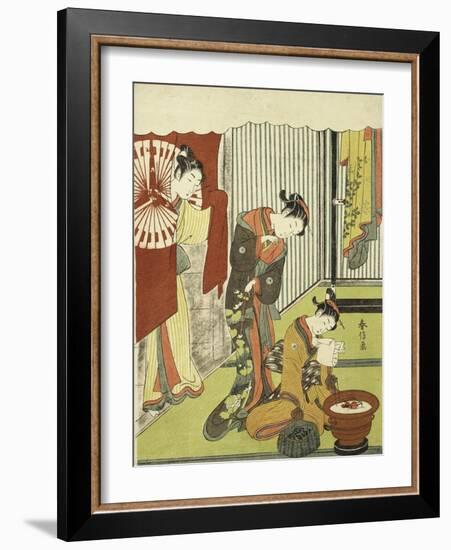 Figures in an Interior. a Courtesan Looking at Her Shinzo Who is Reading a Love Letter-Okada Beisanjin-Framed Giclee Print