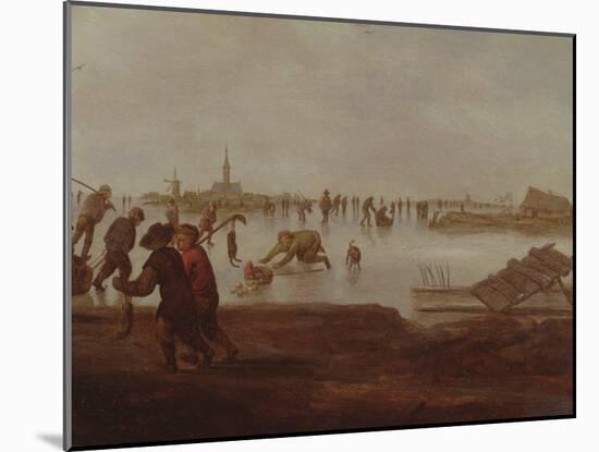 Figures Skating on Frozen Waterway, 17Th Century-Hendrik Avercamp-Mounted Giclee Print