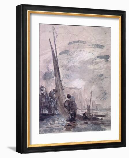 Figures with Cart and Boats on the Shore, near Cliffs, 19Th Century-William Collins-Framed Giclee Print