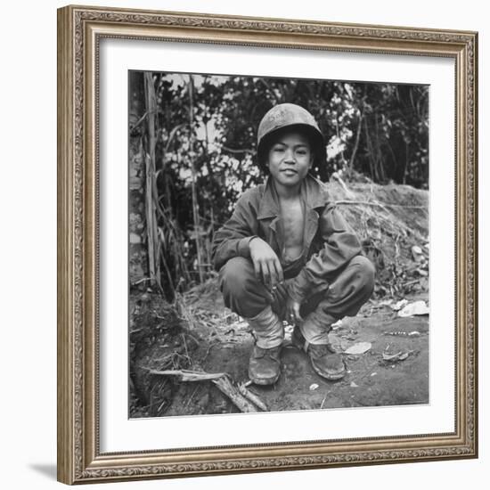 Filipino Boy Travelling with American Soldiers of 33rd Inf. Div. During Fight to Regain Philippines-Carl Mydans-Framed Photographic Print