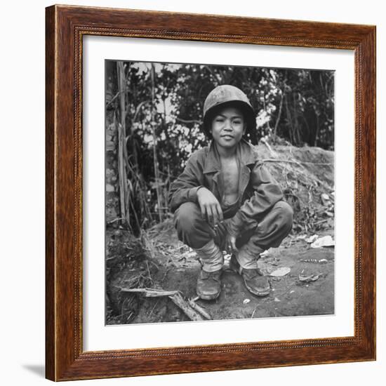 Filipino Boy Travelling with American Soldiers of 33rd Inf. Div. During Fight to Regain Philippines-Carl Mydans-Framed Photographic Print