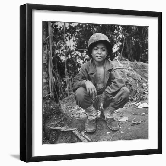 Filipino Boy Travelling with American Soldiers of 33rd Inf. Div. During Fight to Regain Philippines-Carl Mydans-Framed Photographic Print