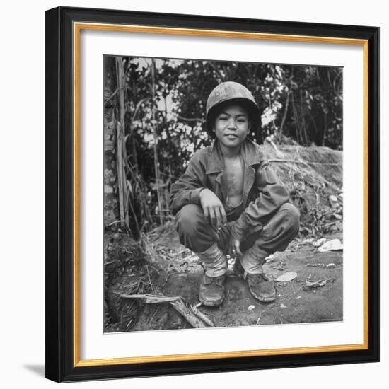 Filipino Boy Travelling with American Soldiers of 33rd Inf. Div. During Fight to Regain Philippines-Carl Mydans-Framed Photographic Print