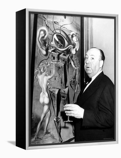 Film Director Alfred Hitchcock, Standing Beside Salvador Dali's Painting "Movies"-Herbert Gehr-Framed Premier Image Canvas