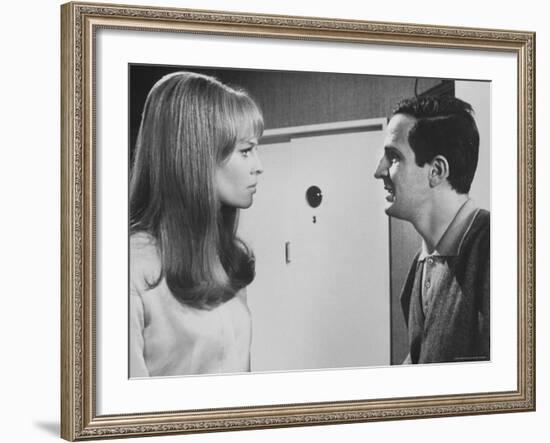 Film Director Francois Truffaut with Actress Julie Christie During Filming of "Fahrenheit 451."-Paul Schutzer-Framed Premium Photographic Print