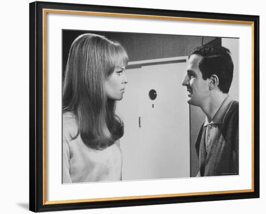 Film Director Francois Truffaut with Actress Julie Christie During Filming of "Fahrenheit 451."-Paul Schutzer-Framed Premium Photographic Print