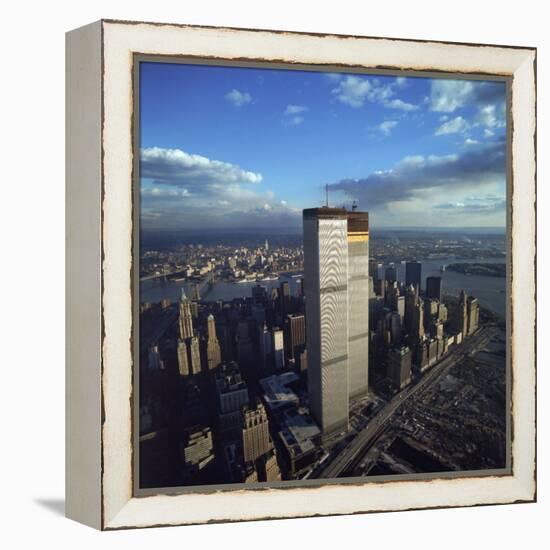 Financial District with World Trade Center's Twin Towers Dwarfing Rest of Wall Street Buildings-Henry Groskinsky-Framed Premier Image Canvas