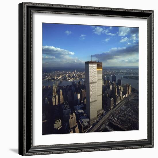 Financial District with World Trade Center's Twin Towers Dwarfing Rest of Wall Street Buildings-Henry Groskinsky-Framed Photographic Print