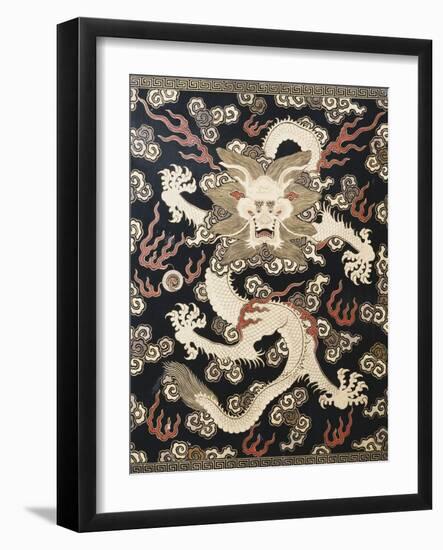 Fine Imperial Polychrome Black Lacquer Ink Cake Box Cover Depicting a Five Clawed Dragon-null-Framed Giclee Print
