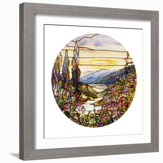 Fine Leaded Glass Window Enamelled Sunset with Mountains, circa 1900-Tiffany Studios-Framed Giclee Print