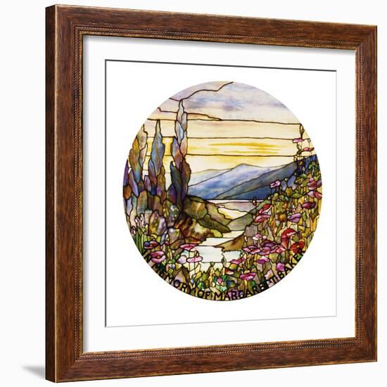 Fine Leaded Glass Window Enamelled Sunset with Mountains, circa 1900-Tiffany Studios-Framed Giclee Print