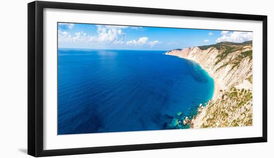 Fine sand of Ammos beach and cliffs washed by the crystal turquoise sea, overhead view, Kefalonia-Roberto Moiola-Framed Photographic Print