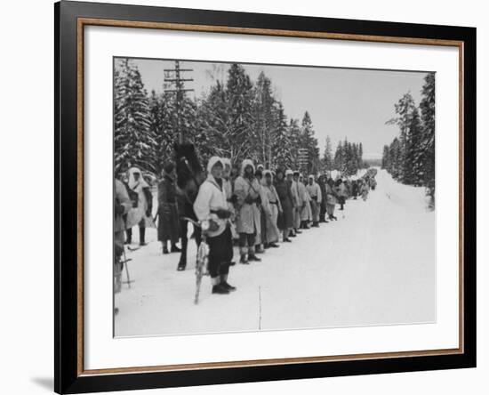 Finnish Soldiers Lining Up in the Snow During War with Russia-Carl Mydans-Framed Premium Photographic Print