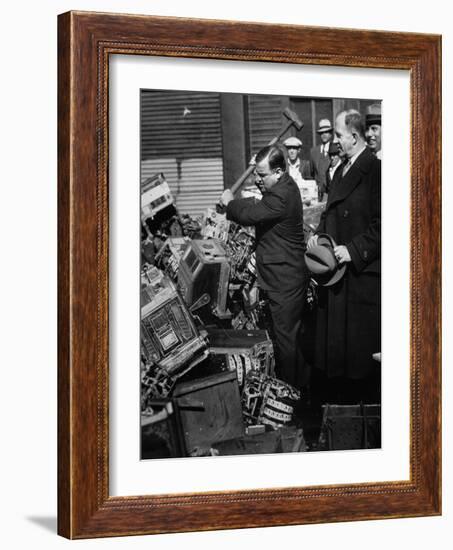 Fiorello La Guardia (1882-1947) Smashing Confiscated Slot Machines, 1934 (B/W Photo)-American Photographer-Framed Giclee Print