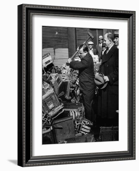 Fiorello La Guardia (1882-1947) Smashing Confiscated Slot Machines, 1934 (B/W Photo)-American Photographer-Framed Giclee Print