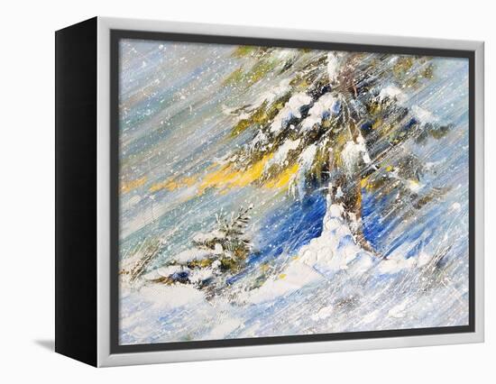 Fir-Tree In Snow. A Picture Drawn By Oil-balaikin2009-Framed Stretched Canvas