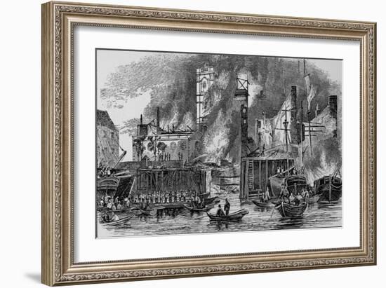 Fire at Toppings Wharf, London Bridge, 1843, c1843, (1912)-null-Framed Giclee Print