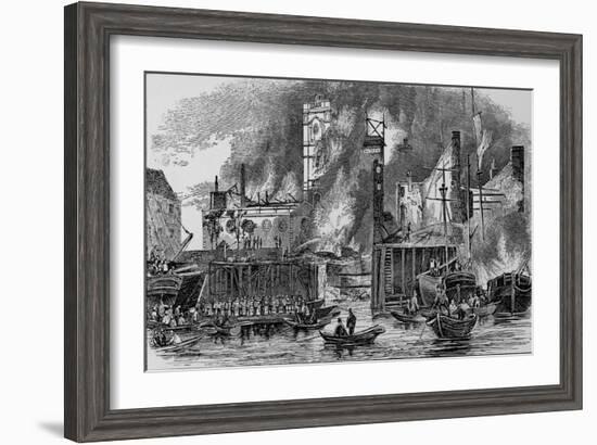 Fire at Toppings Wharf, London Bridge, 1843, c1843, (1912)-null-Framed Giclee Print