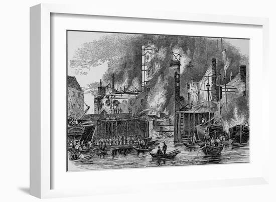 Fire at Toppings Wharf, London Bridge, 1843, c1843, (1912)-null-Framed Giclee Print