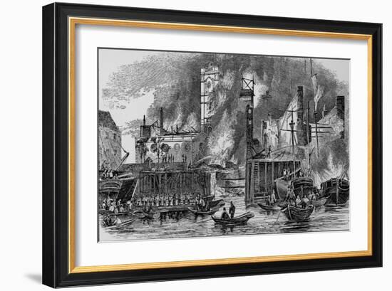 Fire at Toppings Wharf, London Bridge, 1843, c1843, (1912)-null-Framed Giclee Print