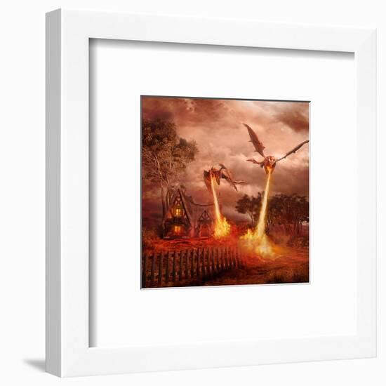 Fire Dragon Attack on Village-null-Framed Art Print