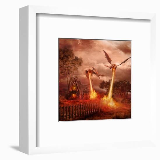 Fire Dragon Attack on Village-null-Framed Art Print