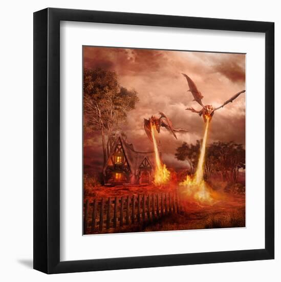 Fire Dragon Attack on Village-null-Framed Art Print