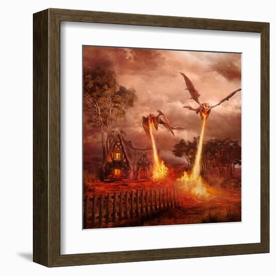 Fire Dragon Attack on Village-null-Framed Art Print