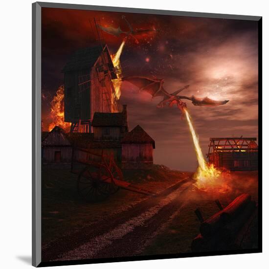 Fire Dragon Attack on Windmill-null-Mounted Art Print