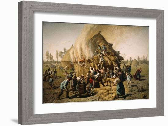 Fire in a Haystack, 1856 (Oil on Canvas)-Jules Breton-Framed Giclee Print