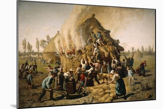 Fire in a Haystack, 1856 (Oil on Canvas)-Jules Breton-Mounted Giclee Print
