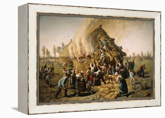 Fire in a Haystack, 1856 (Oil on Canvas)-Jules Breton-Framed Premier Image Canvas