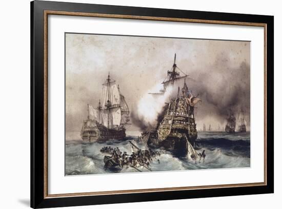 Fire on English Liner Devonshire, Blown Up in Battle, September 21, 1707, England, UK, 18th Century-null-Framed Giclee Print