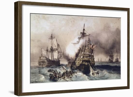 Fire on English Liner Devonshire, Blown Up in Battle, September 21, 1707, England, UK, 18th Century-null-Framed Giclee Print