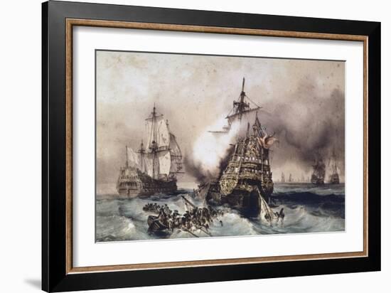 Fire on English Liner Devonshire, Blown Up in Battle, September 21, 1707, England, UK, 18th Century-null-Framed Giclee Print