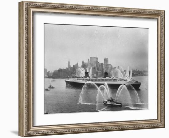 Fireboats Greeting the SS France, as It Enters the New York Harbor on Its Maiden Voyage-Ralph Morse-Framed Photographic Print