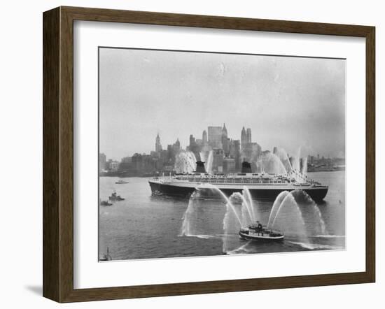 Fireboats Greeting the SS France, as It Enters the New York Harbor on Its Maiden Voyage-Ralph Morse-Framed Photographic Print