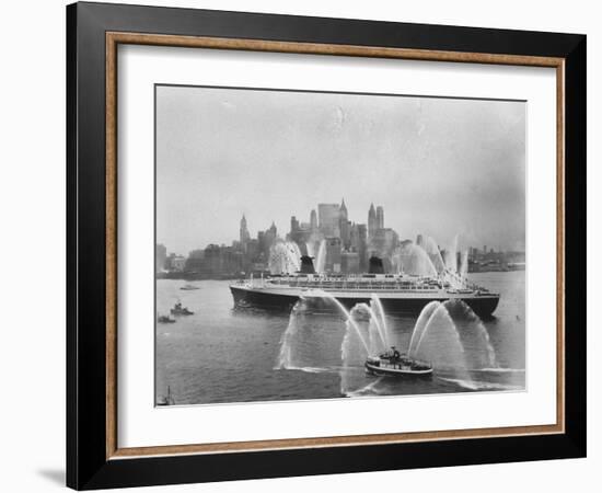 Fireboats Greeting the SS France, as It Enters the New York Harbor on Its Maiden Voyage-Ralph Morse-Framed Photographic Print