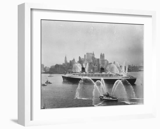 Fireboats Greeting the SS France, as It Enters the New York Harbor on Its Maiden Voyage-Ralph Morse-Framed Photographic Print