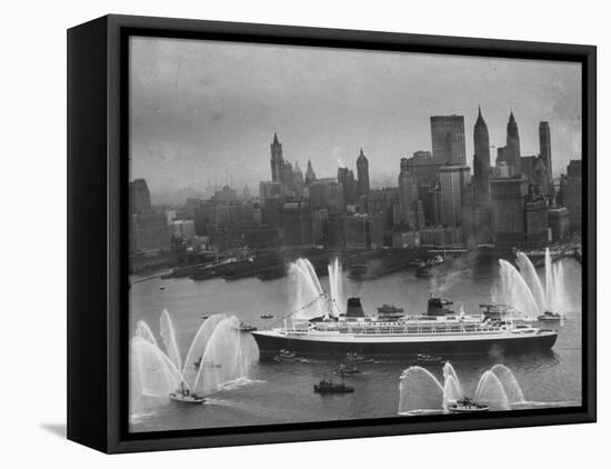 Fireboats Greeting the SS France, as It Enters the New York Harbor on Its Maiden Voyage-Ralph Morse-Framed Premier Image Canvas