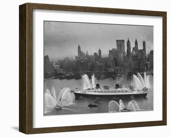 Fireboats Greeting the SS France, as It Enters the New York Harbor on Its Maiden Voyage-Ralph Morse-Framed Photographic Print