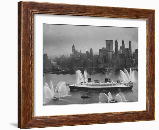 Fireboats Greeting the SS France, as It Enters the New York Harbor on Its Maiden Voyage-Ralph Morse-Framed Photographic Print