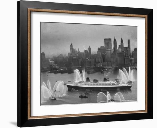 Fireboats Greeting the SS France, as It Enters the New York Harbor on Its Maiden Voyage-Ralph Morse-Framed Photographic Print